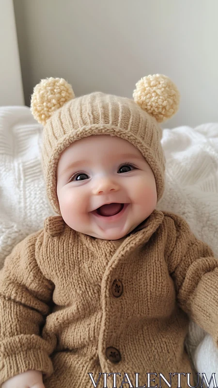 Smiling Infant in Cream Knit Bear Hat and Cardigan.