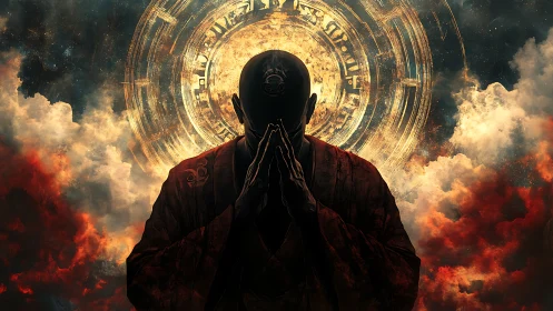 Silhouetted monk before luminous circular sigil and clouds.