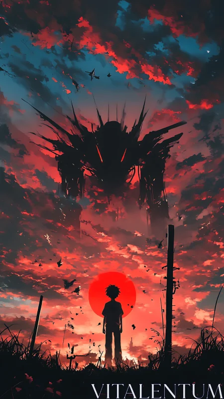 Silhouetted boy confronts colossal mech beneath blood-red sun