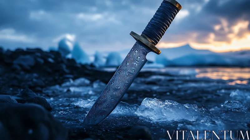 Patterned survival knife stands in Arctic ice at sunset.