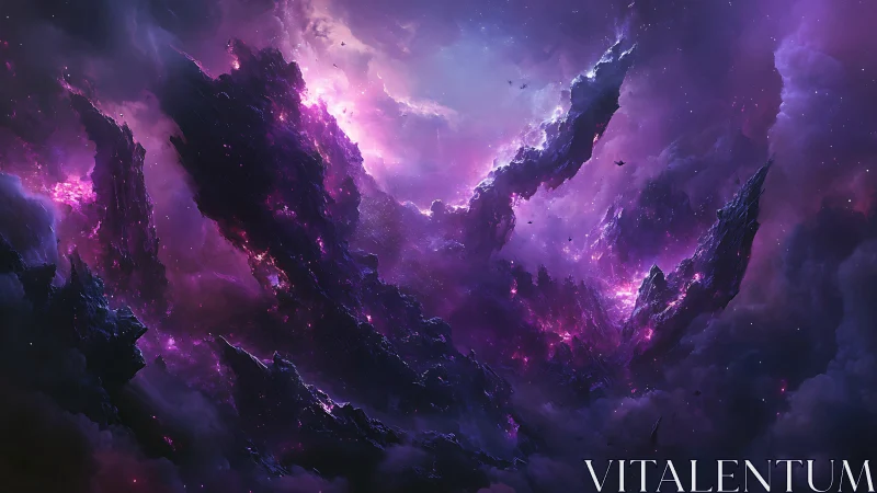 Cosmic nebula riftscape in luminous violet chromatic fields.