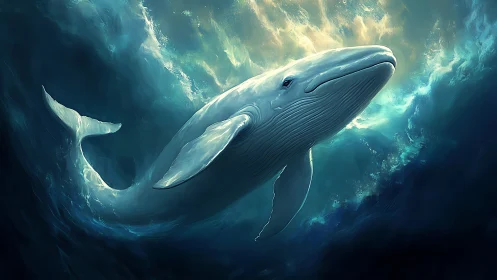 Digital painting of luminous whale in dynamic ocean vortex.