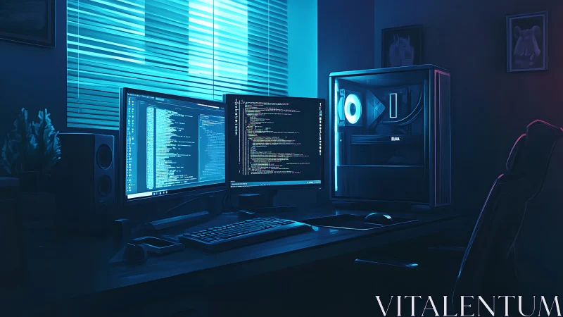 Dual monitor coding workstation emits cool blue light