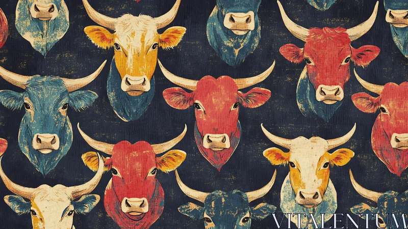 Retro pop herd of painted bull portraits on midnight navy wall.
