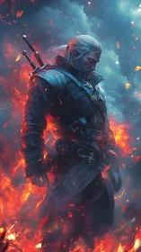 Armored white‑haired swordsman in inferno, blue smoke contrast