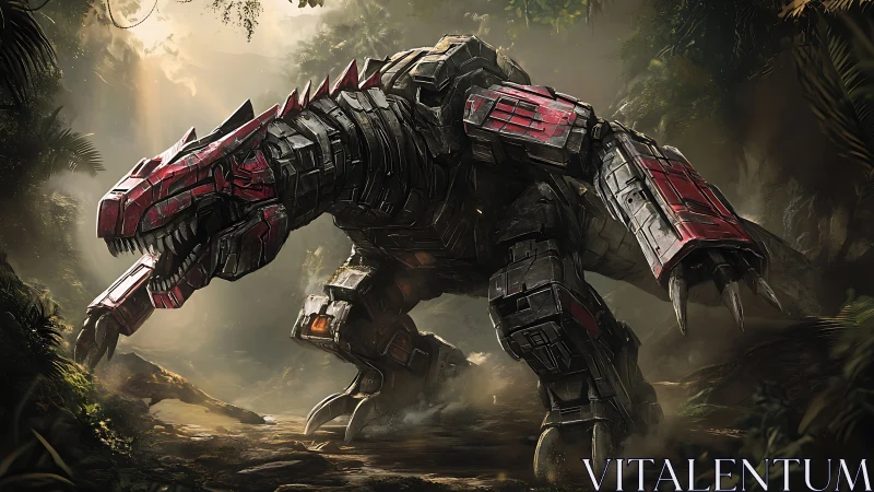 Steel jungle titan prowls the misty prehistoric ravine