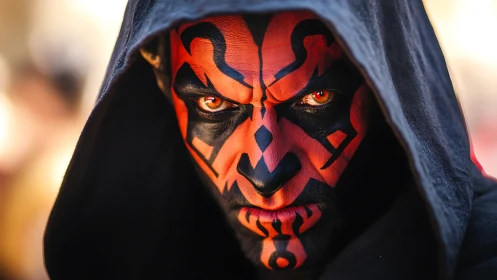 Hooded red-mask villain stares with blazing, unblinking eyes.