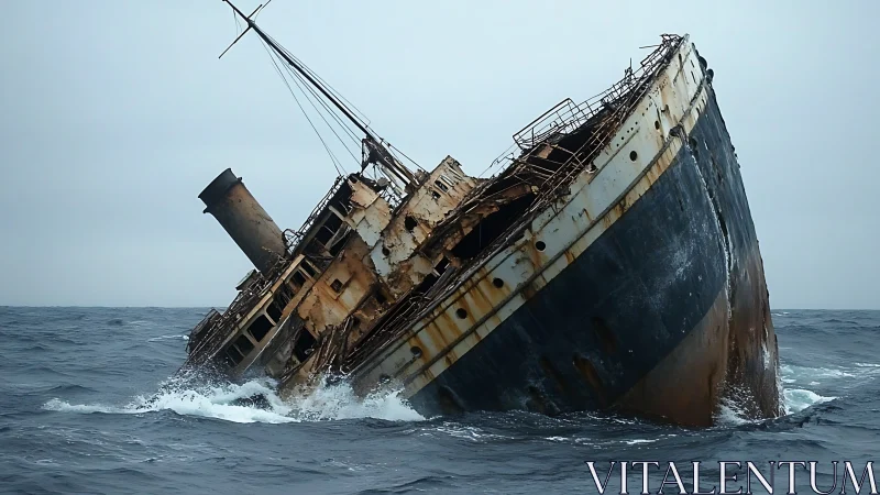 Photorealistic oblique shipwreck study in turbulent seascape.