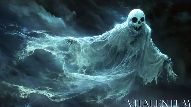 Spectral wraith emerging in swirling ethereal mist storm.