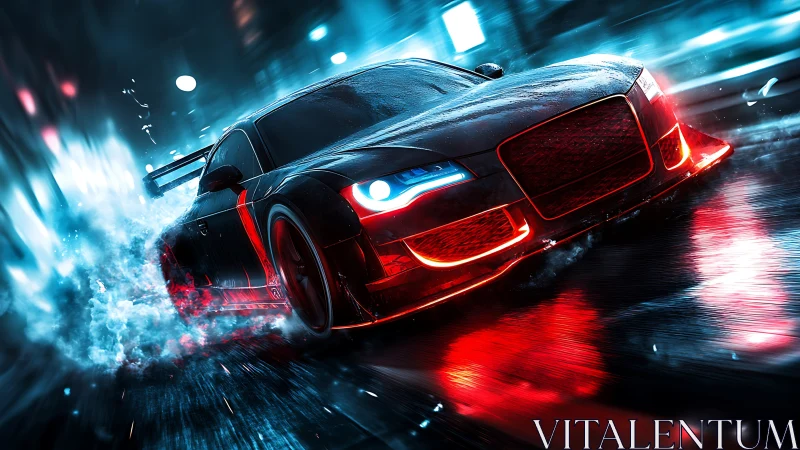 Sleek sports car drifts through neon city street rain.