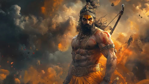 Warrior deity stands in fiery storm with bow and armor.