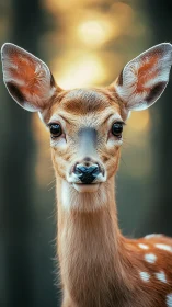 Gentle young fawn framed by soft golden forest glow.