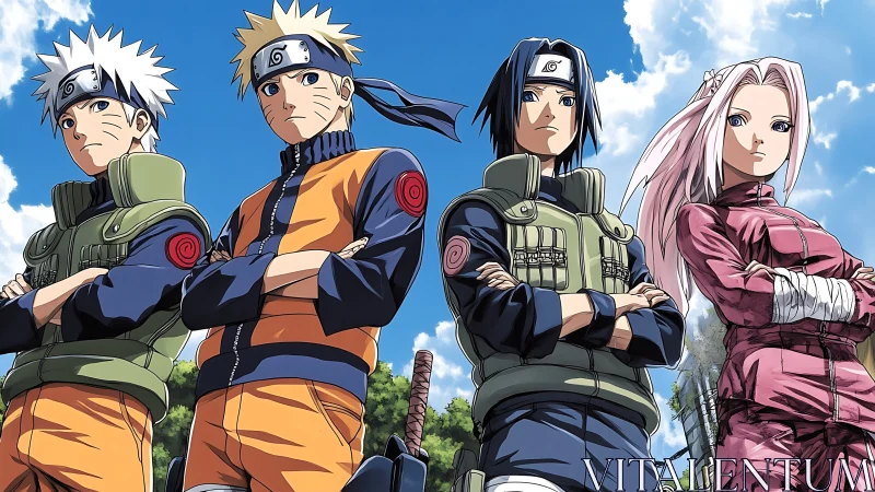 Four anime ninjas stand aligned under bright blue summer sky