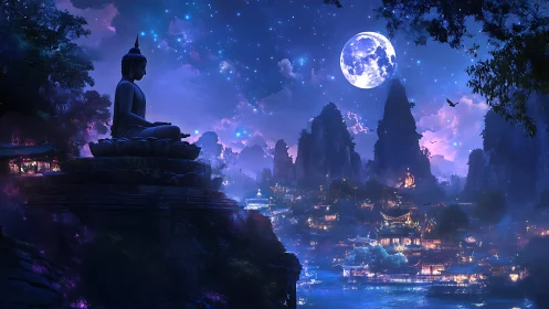 Meditating Buddha overlooks luminous moonlit mountain harbor