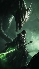 Dragon lord stands beneath looming emerald-scaled guardian.