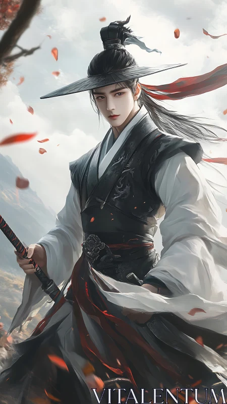 Stoic swordsman stands in falling leaves on a windy cliff