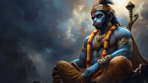 Stormlit monkey deity in serene golden meditation pose.