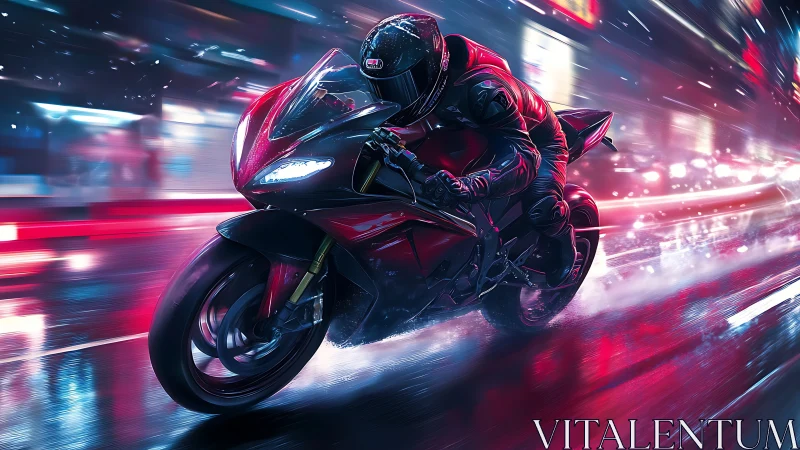 Night city rider carving neon light through the rain.
