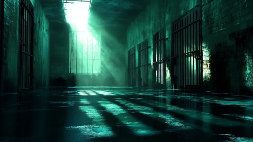 Abandoned prison corridor lit by harsh green skylight.