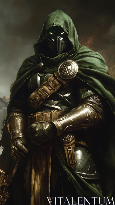 Hooded emerald warlock knight with luminous metal mask.