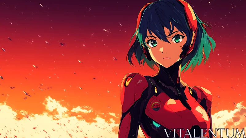 Neon-suited anime pilot under blazing red sunset sky.