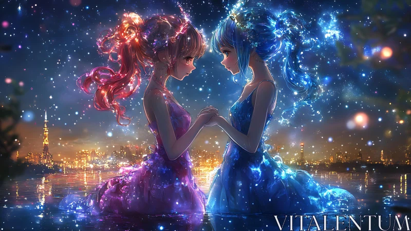 Two luminous girls facing each other on a night lake.