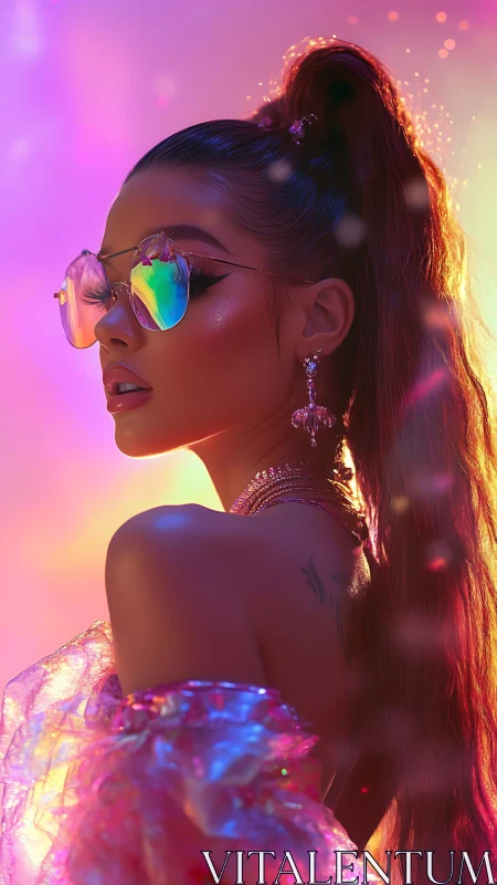 Iridescent glam portrait glows in neon sunset light.