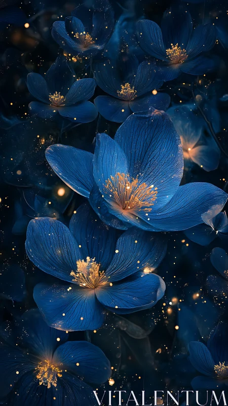 Luminescent Blue Flowers with Golden Stamen Glow.