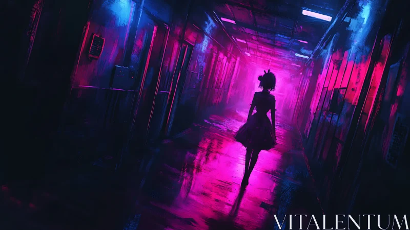 Neon corridor waltz with a lone silhouette in magenta storm.