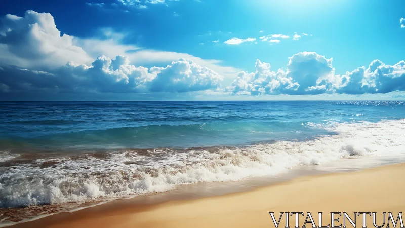 Sunny shoreline with waves under expansive blue sky.