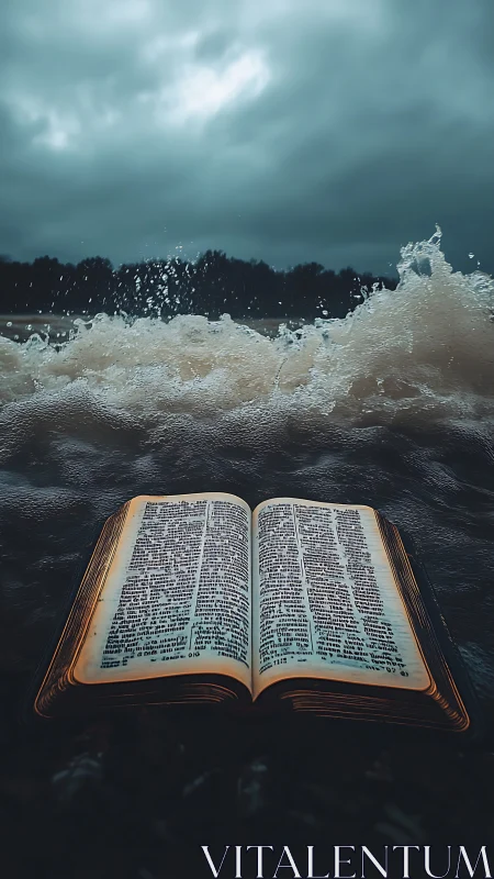 Open printed book floating on dark choppy seawater surface.