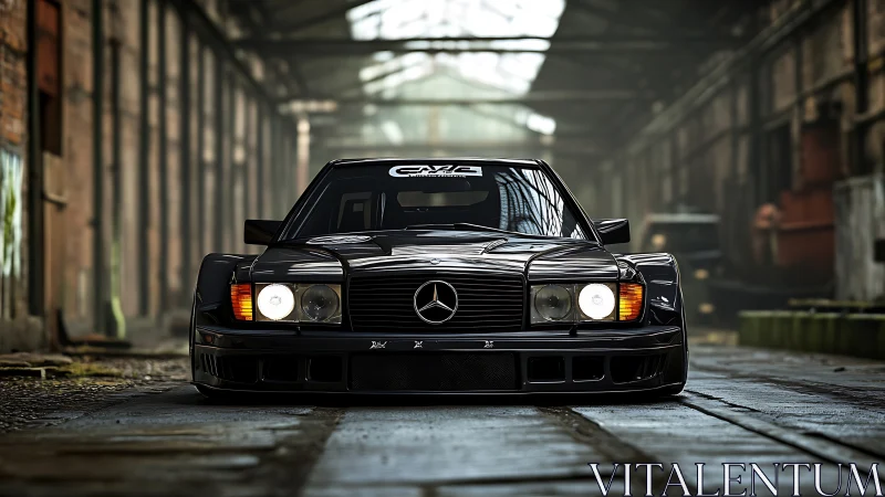 Lowered black Mercedes coupe parked inside abandoned warehouse