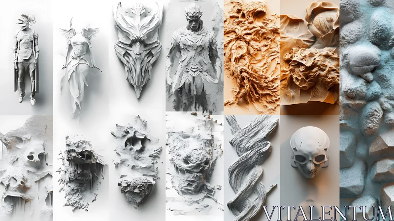 Abstract sculpted panels with figures, skulls, and textures.