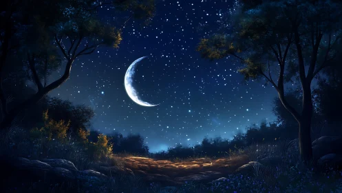 Crescent moon illuminates forest clearing under dense starfield