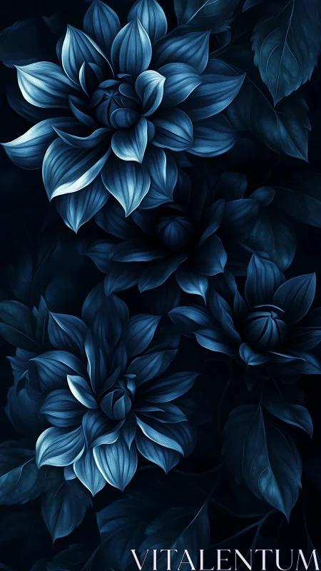 Monochromatic Blue Dahlia Study: Layered Petal Composition Against Dark Ground.