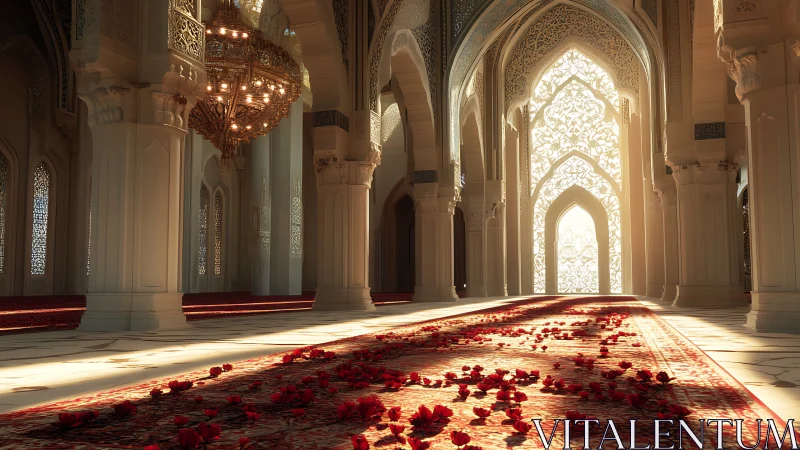 Sunlit ornate mosque interior with carpet and rose petals.