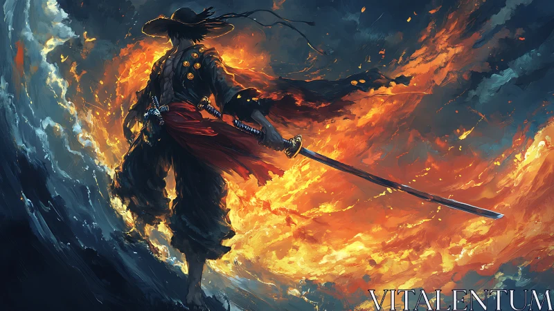 Firelit samurai striding through a storm of swirling embers.