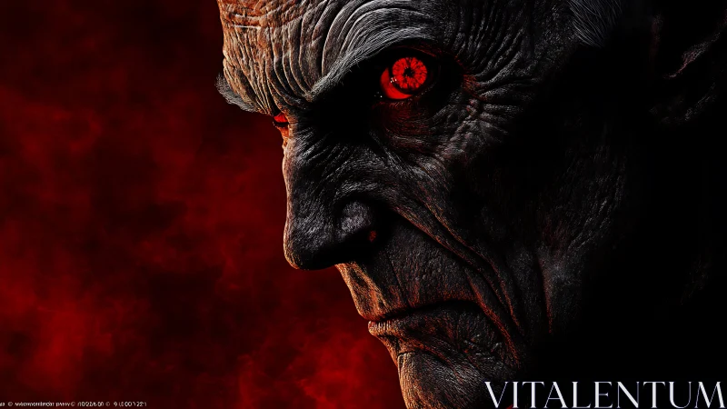 Brooding red-eyed fiend against swirling ember shadows.