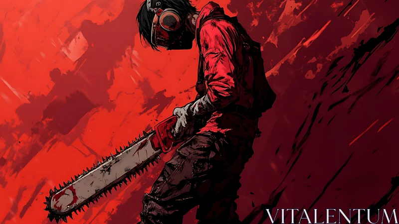 Angled chainsaw wielder in high-contrast red-black digital composition