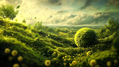 Sunlit spherical shrub in lush dreamlike valley landscape.