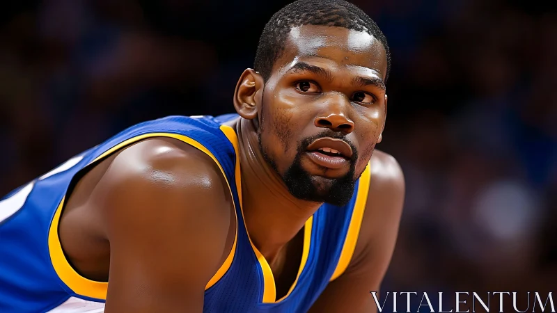 Close-up sideline portrait of focused basketball player, arena