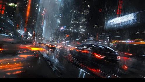 Cyberpunk night street with neon-lit cars in heavy rain.