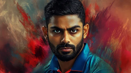 Intense male portrait with bold abstract color background.