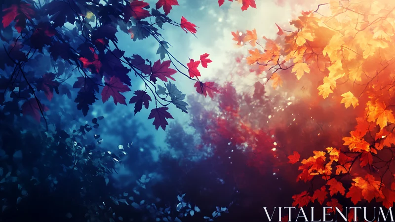 Bicolor maple canopy with cool blue shadow and warm flare