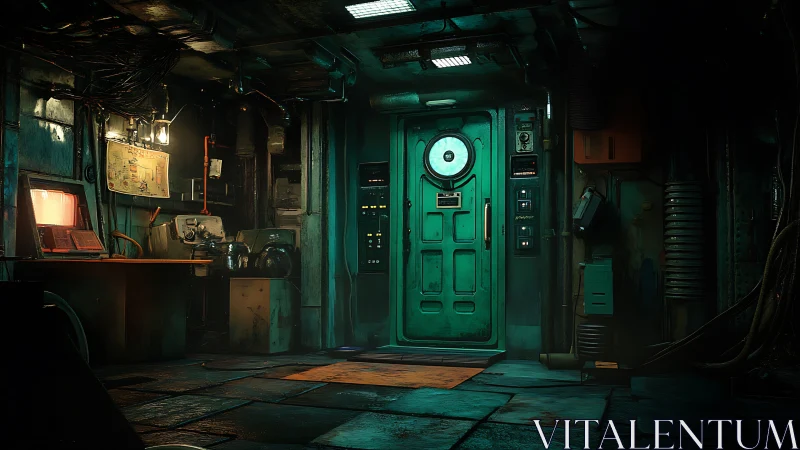 Rusty teal bulkhead door anchors dim industrial control room