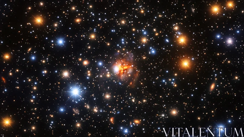 Dense starfield with central red nebular cloud in deep space.