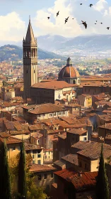 Mediterranean hill city with bell tower, dome, and rooftops.