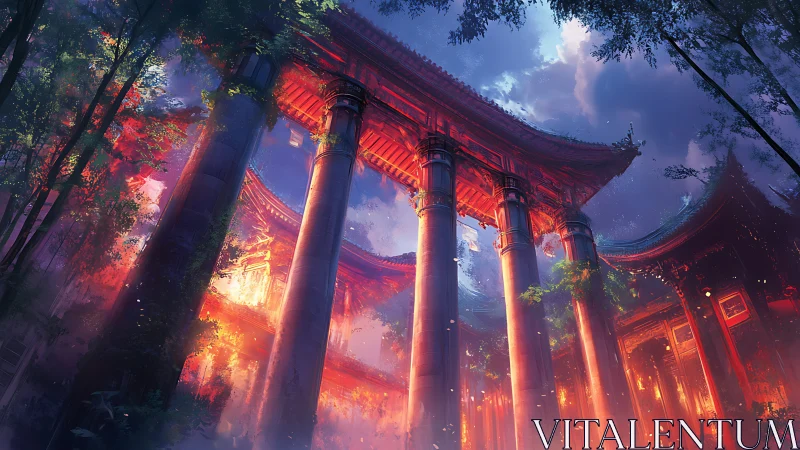 Fiery temple gate under stormy sky in misty forest.