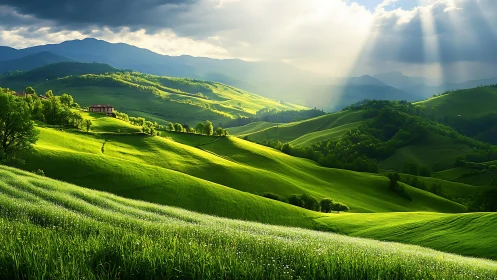 Sunlit green hills roll gently beneath dramatic summer skies