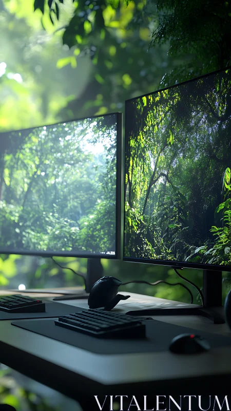 Dual jungle monitors crown a moss-kissed minimalist desk.